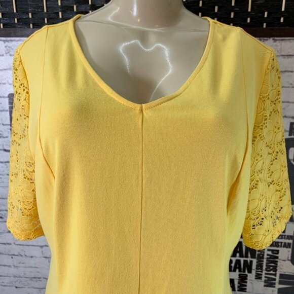 Denim & Co.Yellow V-Neck Short Lace Sleeve Top - Picture 2 of 6